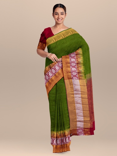 

KLM Fashion Mall Green & Maroon Linen Blend Solid Saree