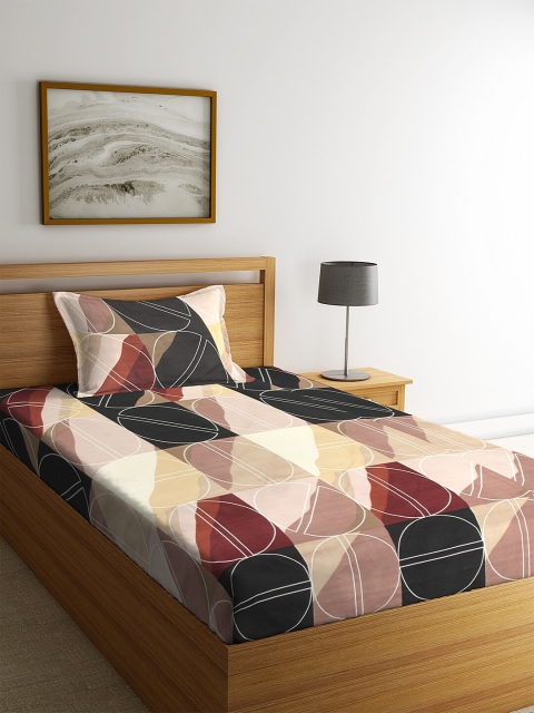 

NEUDIS Brown & Black Geometric 180 TC Polycotton 1 Single Bedsheet with 1 Pillow Covers