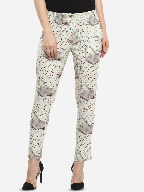 Porsorte Women Off-White Slim Fit Printed Regular Trousers