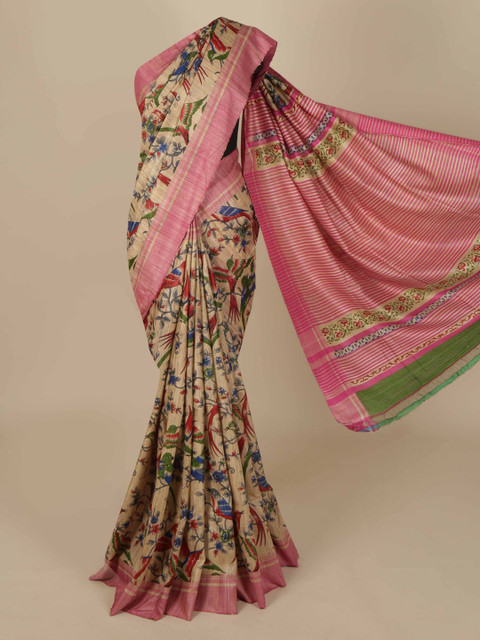 

Pothys Cream-Coloured & Pink Jute Silk Printed Saree