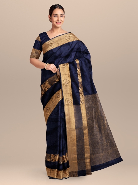 

KLM Fashion Mall Navy Blue Printed Linen Blend Saree
