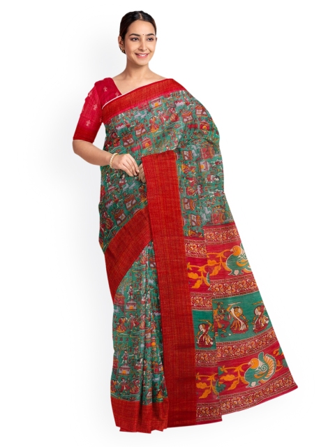 

KLM Fashion Mall Green & Red Linen Blend Printed Saree