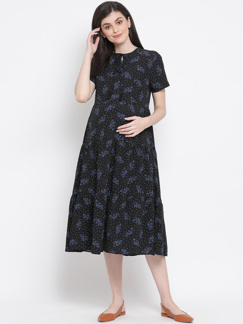

Oxolloxo Women Black Printed Fit and Flare Maternity Dress