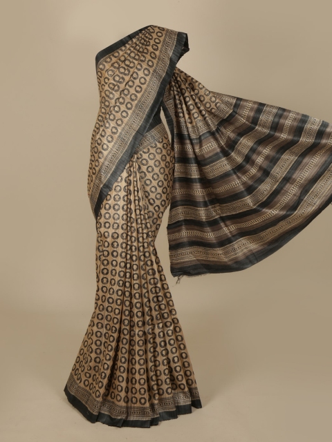 

Pothys Cream-Coloured & Black Jute Silk Printed Saree