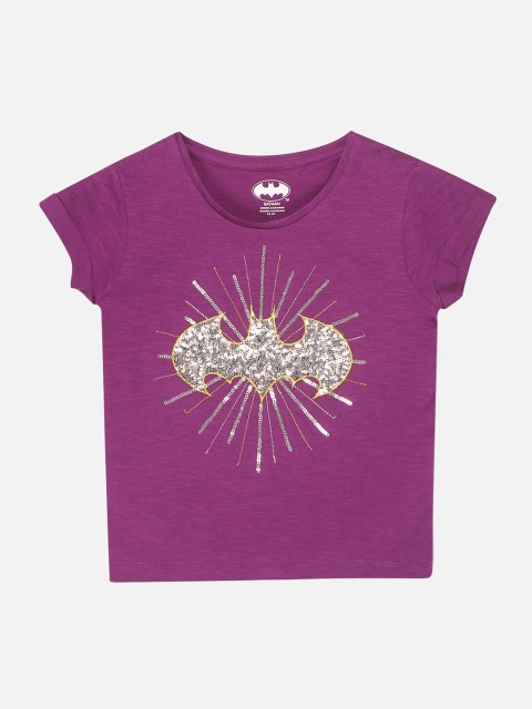 

Kids Ville Batgirl Featured Girls Purple & Silver-Toned Embellished T-shirt