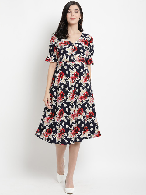 

The Vanca Women Navy Blue Printed Fit and Flare Dress