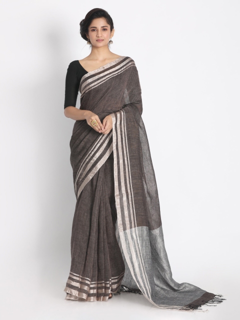 

Aryavart Brown & Silver-Toned Pure Linen Solid Saree