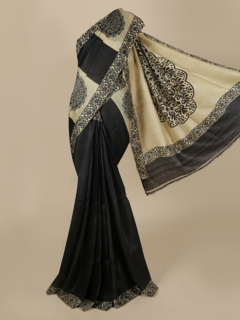 

Pothys Black & Cream-Coloured Jute Silk Printed Tussar Saree