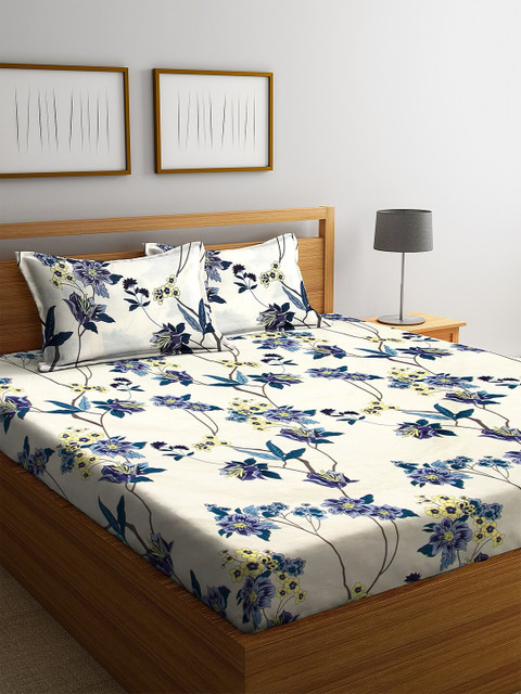 

NEUDIS Off-White & Blue Printed 180 TC Cotton Double King Bedsheet With 2 Pillow Covers