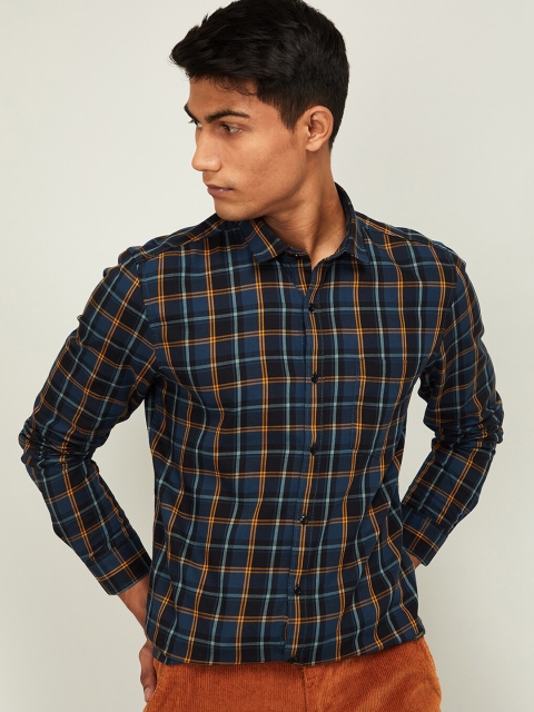 

Bossini Men Blue & Yellow Regular Fit Checked Cotton Casual Shirt