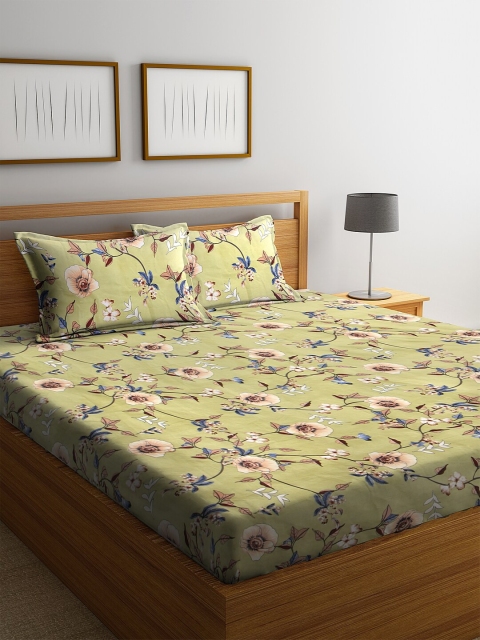 

NEUDIS Green & Beige Floral Printed Double Bedsheet With Pillow Cover