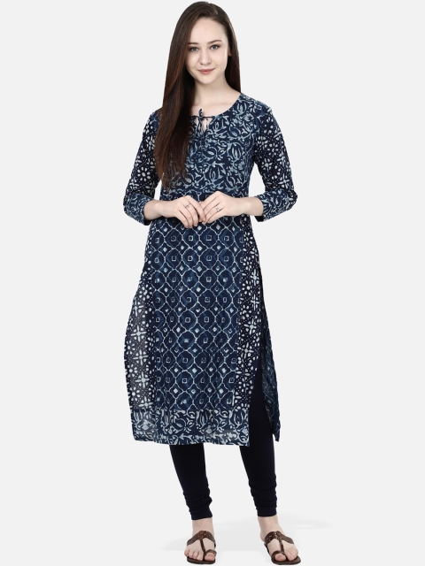 

Molcha Women Navy Blue & White Printed Cotton A-Line Kurta