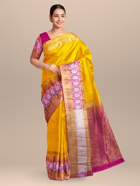 

KLM Fashion Mall Yellow & Pink Linen Blend Woven Design Saree
