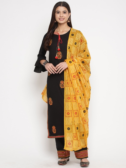 

Prakhya Women Black & Yellow Embroidered Kurta with Trousers & Dupatta