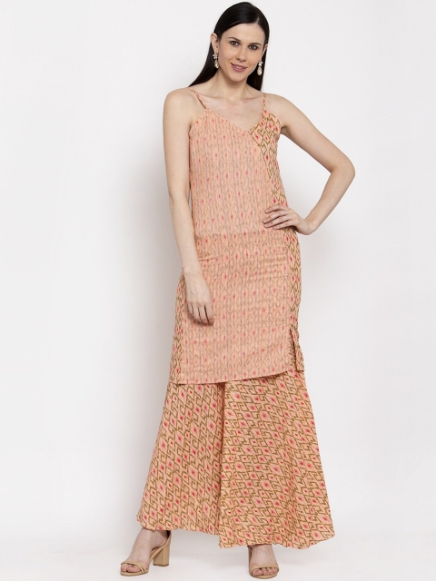 

DUGRI BE THE ONE Women Peach-Coloured Printed Kurti with Sharara