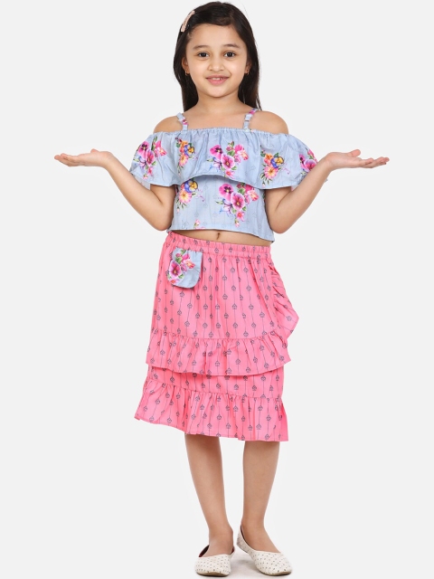 

LilPicks Girls Blue & Pink Printed Top & Skirt Clothing Set