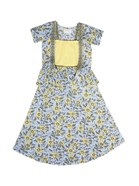 

Silai Bunai Girls Blue & Yellow Printed Top with Skirt