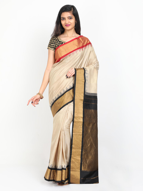 

SABOO COLLECTIONS Beige & Black Pure Silk Solid Kanjeevaram Saree