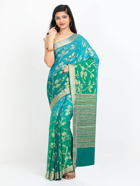 

SABOO COLLECTIONS Green & Blue Pure Silk Printed Banarasi Saree
