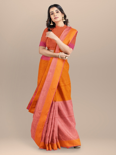 

BharatSthali Orange & Pink Pure Linen Colourblocked Handloom Bhagalpuri Sustainable Saree