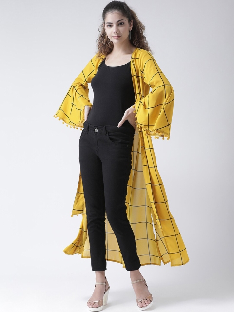 

Texco Women Mustard Yellow & Black Checked Bell Sleeve High -Fashion Longline Shrug
