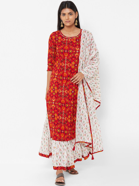

FASHOR Women Red & White Printed Kurta with Trousers & Dupatta