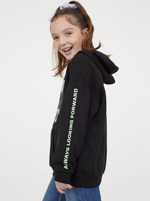 

H&M Girls Black Oversized Printed Hoodie