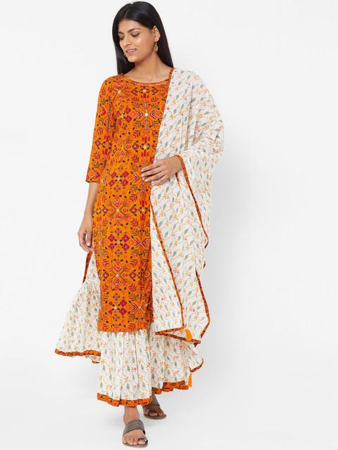

FASHOR Women Orange & Off-White Self Design Kurta with Palazzos & Dupatta