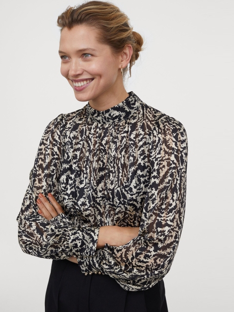 

H&M Women Beige & Black Printed Wide Blouse