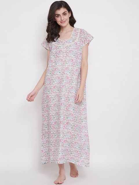 

Clovia Women Pink & White Printed Maxi-Length Nightdress