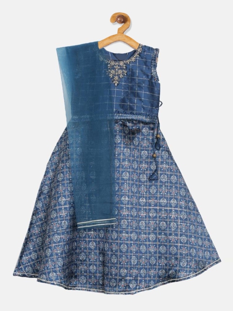 

Aomi Girls Blue & Gold-Colour Printed Ready To Wear Lehenga Choli With Dupatta