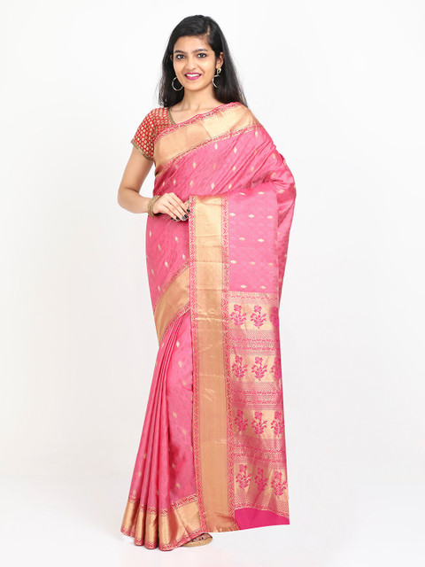 

SABOO COLLECTIONS Pink Pure Silk Woven Design Dharmavaram Saree