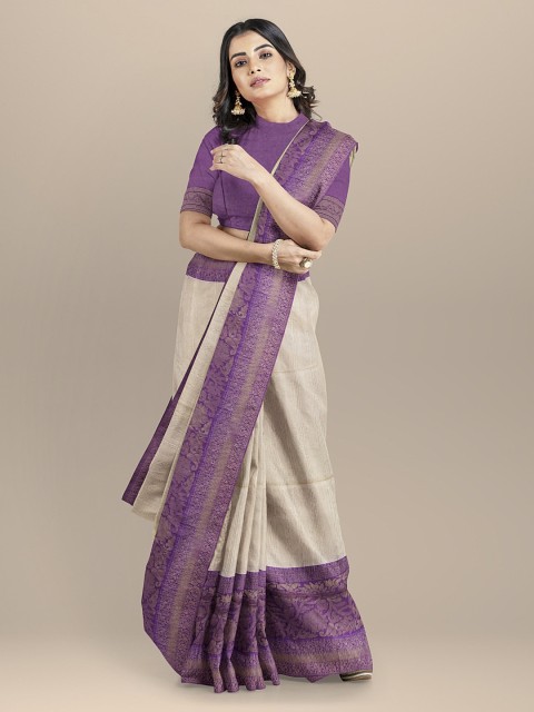 

BharatSthali Cream-Coloured & Purple Silk Cotton Colourblocked Banarasi Saree