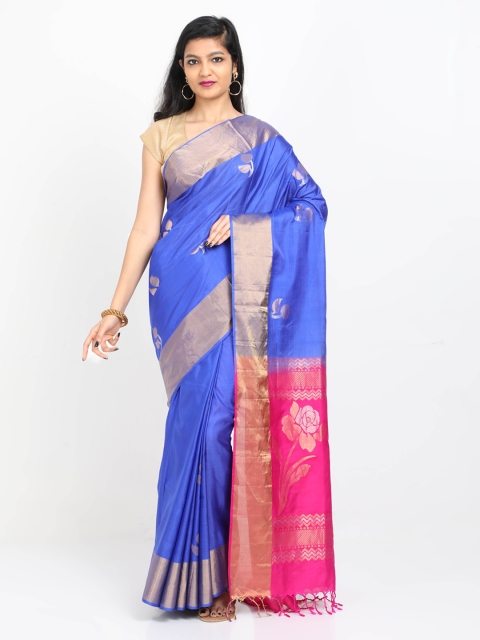 

SABOO COLLECTIONS Blue & Magenta Pure Silk Woven Design Arani Saree