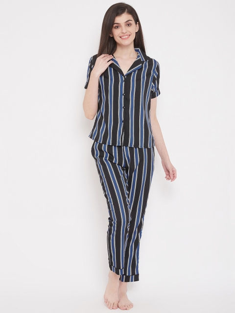 

Clovia Women Black & Blue Striped Night Suit