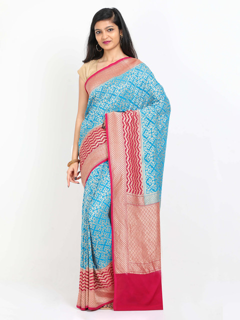

SABOO COLLECTIONS Turquoise Blue & White Pure Silk Woven Design Banarasi Saree
