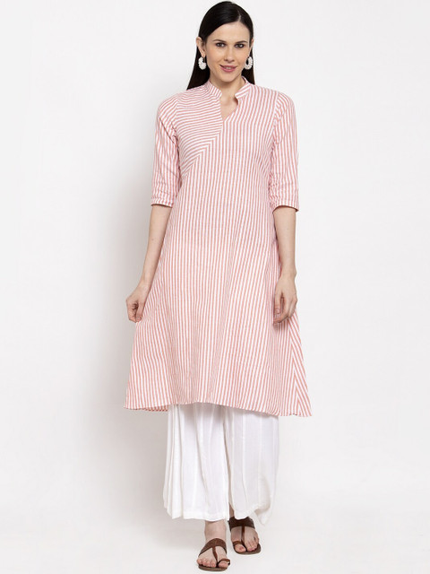 

DUGRI BE THE ONE Women Pink Striped Regular Pure Cotton Kurta with Sharara