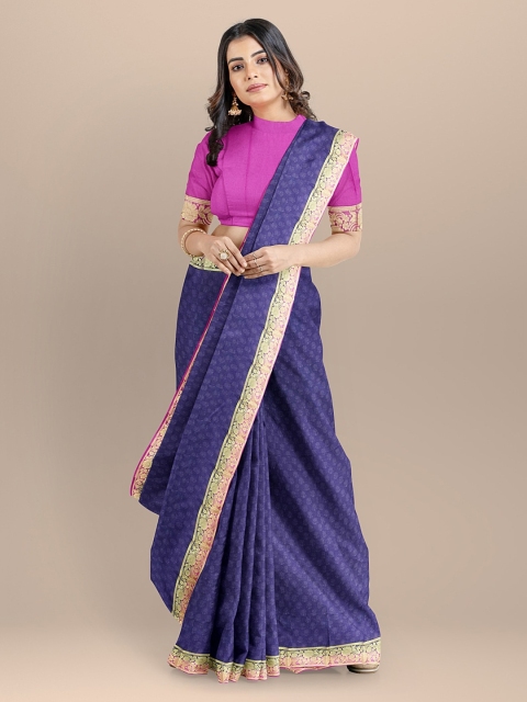 

BharatSthali Navy Blue & Pink Silk Cotton Woven Design Banarasi Handloom Sustainable Saree