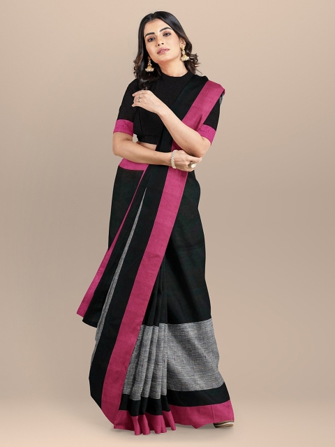 

BharatSthali Black & Pink Pure Linen Colourblocked Handloom Bhagalpuri Saree