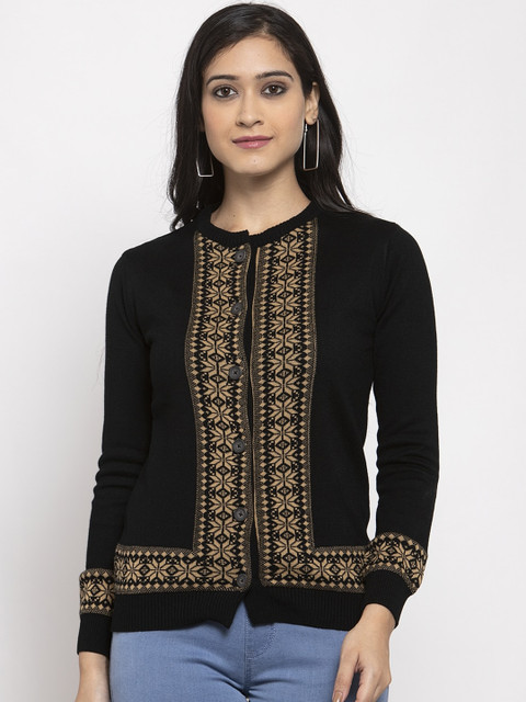 

Kalt Women Black & Beige Self-Design Cardigan Sweater