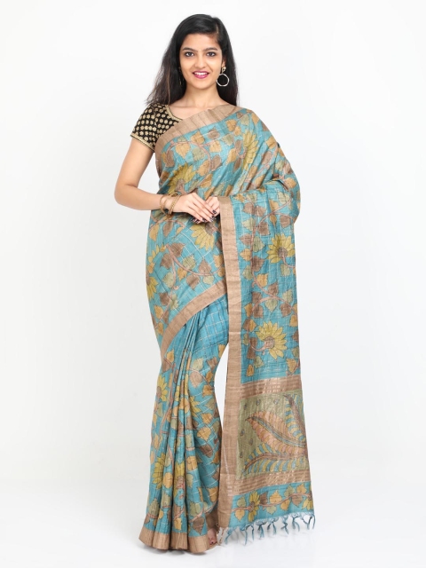 

SABOO COLLECTIONS Blue & Beige Pure Silk Printed Tussar Saree