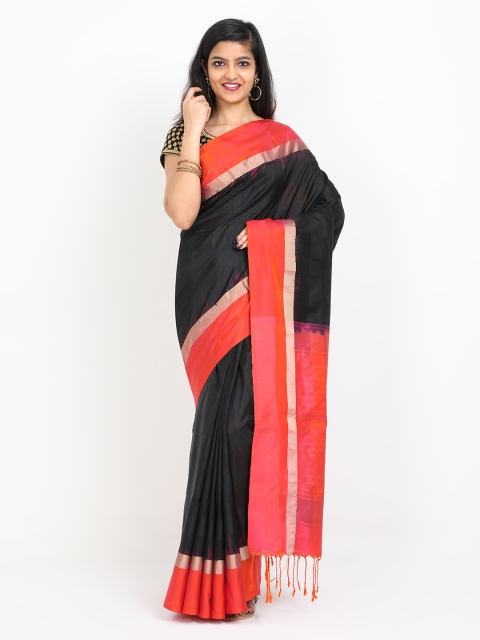 

SABOO COLLECTIONS Black & Orange Pure Silk Colourblocked Arani Saree