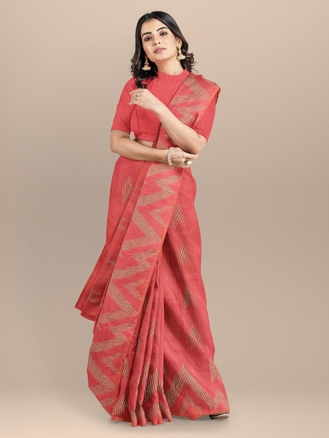 

BharatSthali Red Silk Cotton Woven Design Handloom Taant Saree