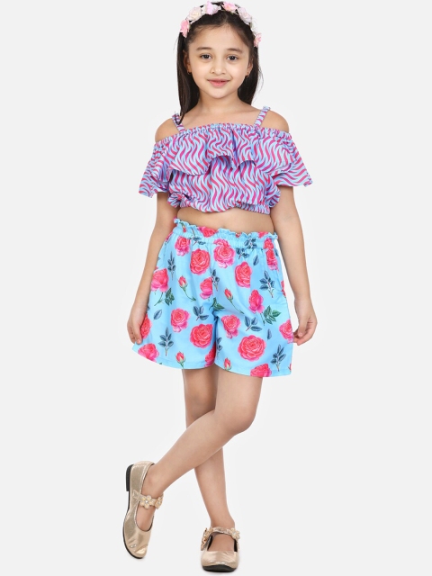 

LilPicks Girls Purple & Blue Printed Top With Shorts