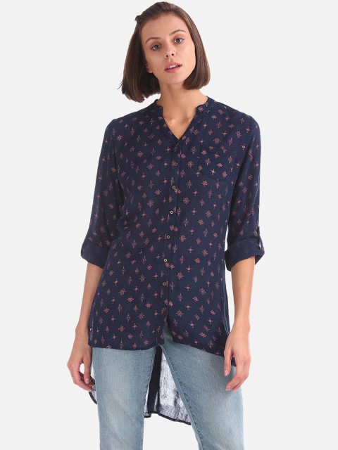 

Cherokee Women Navy Blue Printed Shirt Style Top