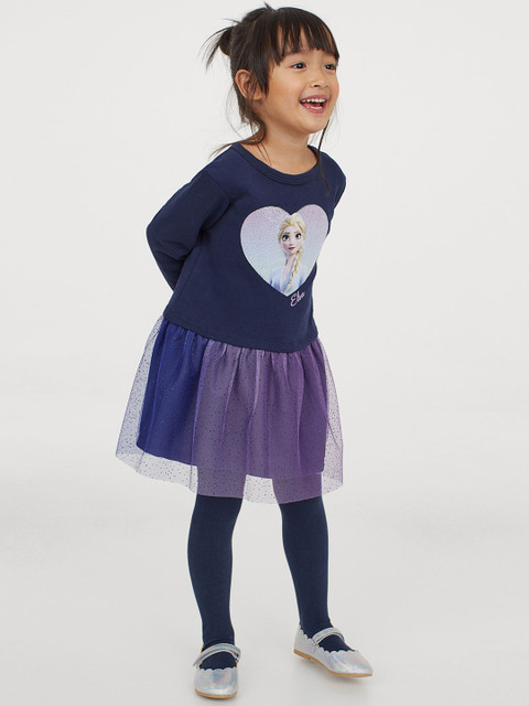 

H&M Girls Navy Blue & Purple Printed Sweatshirt Dress