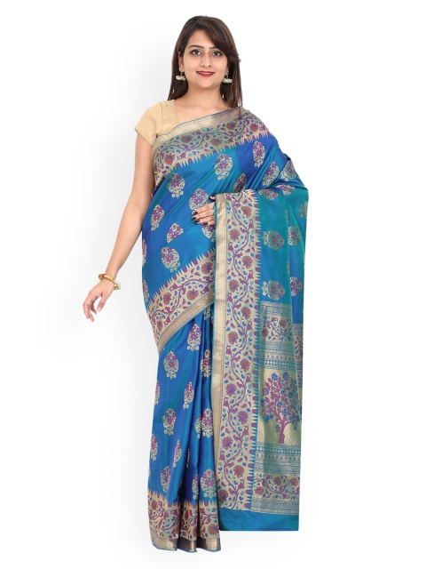 

SABOO COLLECTIONS Blue Pure Silk Woven Design Dharmavaram Saree