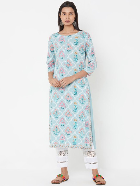 

FASHOR Women Blue Printed Straight Kurta