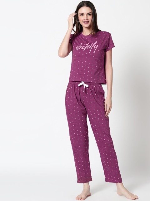

Zeyo Women Purple & White Printed Night Suit