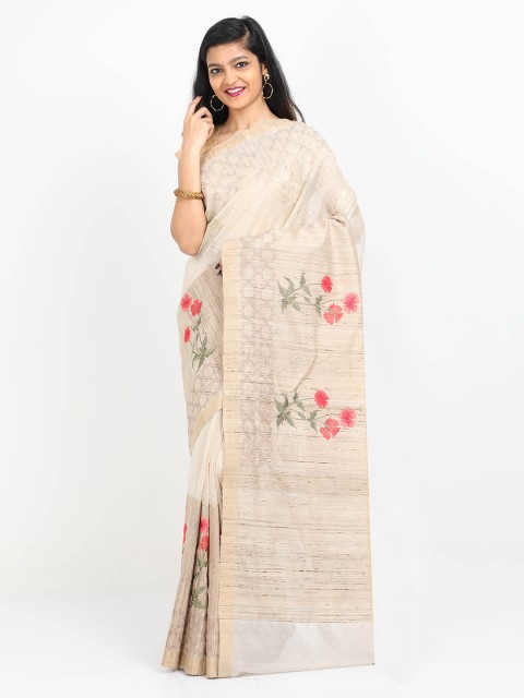 

SABOO COLLECTIONS Beige Pure Silk Embroidered Tussar Saree